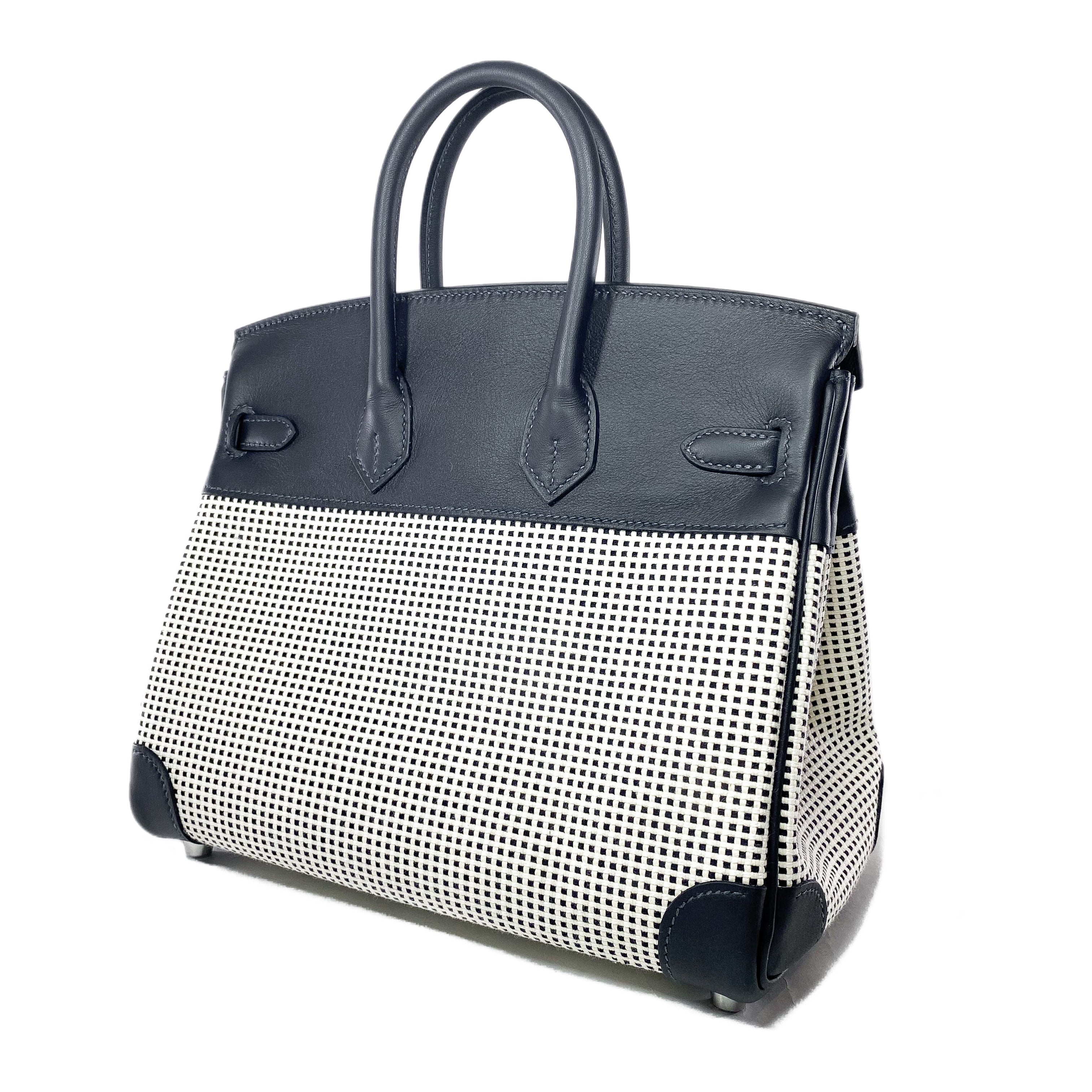 Hermes Birkin 25 Caban Swift Ecru Toile Quadrille Palladium Hardware