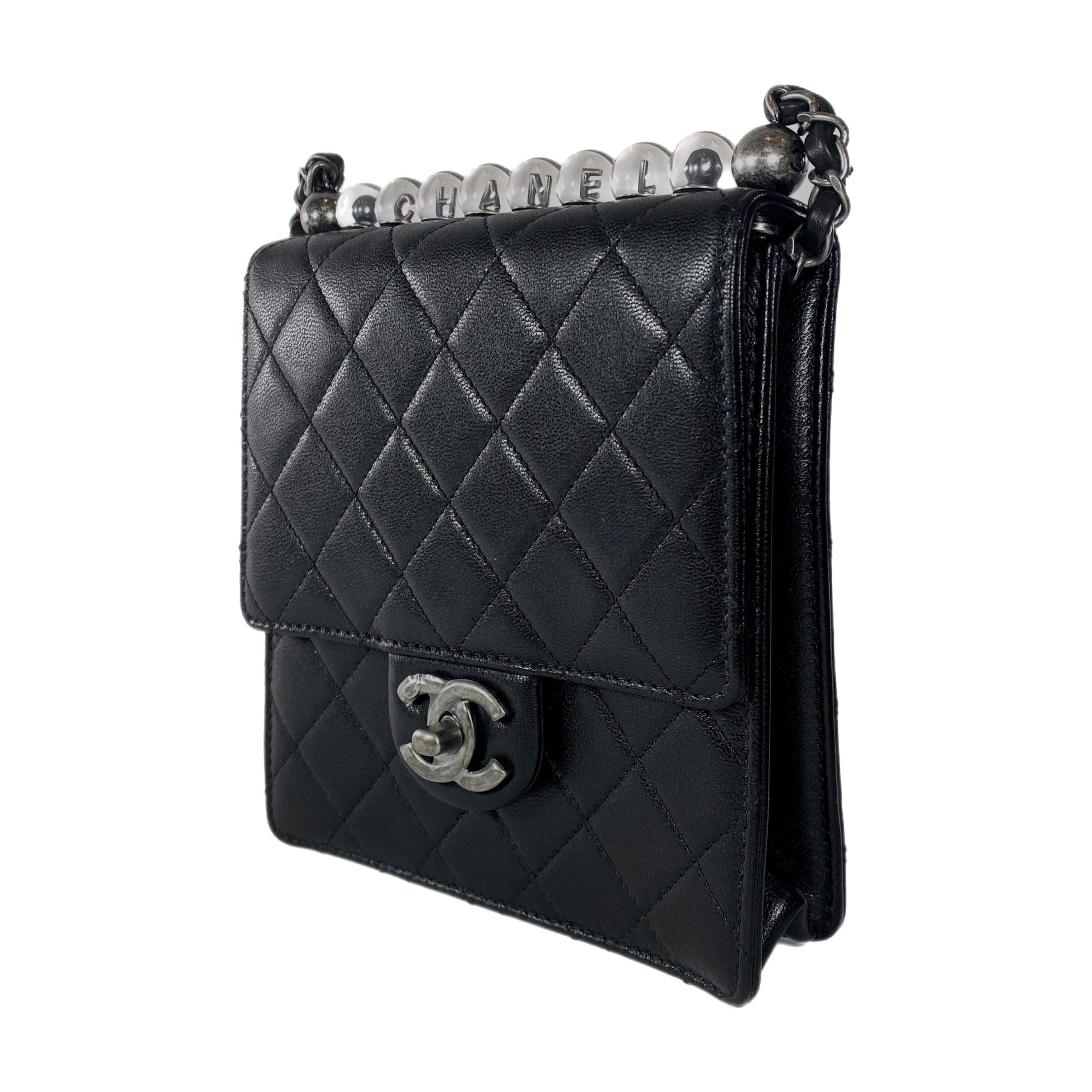 CHANEL  BLACK CHIC PEARLS SMALL FLAP BAG IN