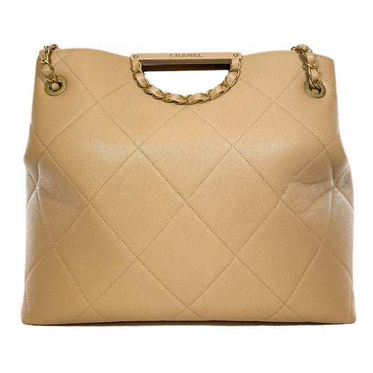 Chanel Beige Quilted Caviar Chain Frame Shopping Tote