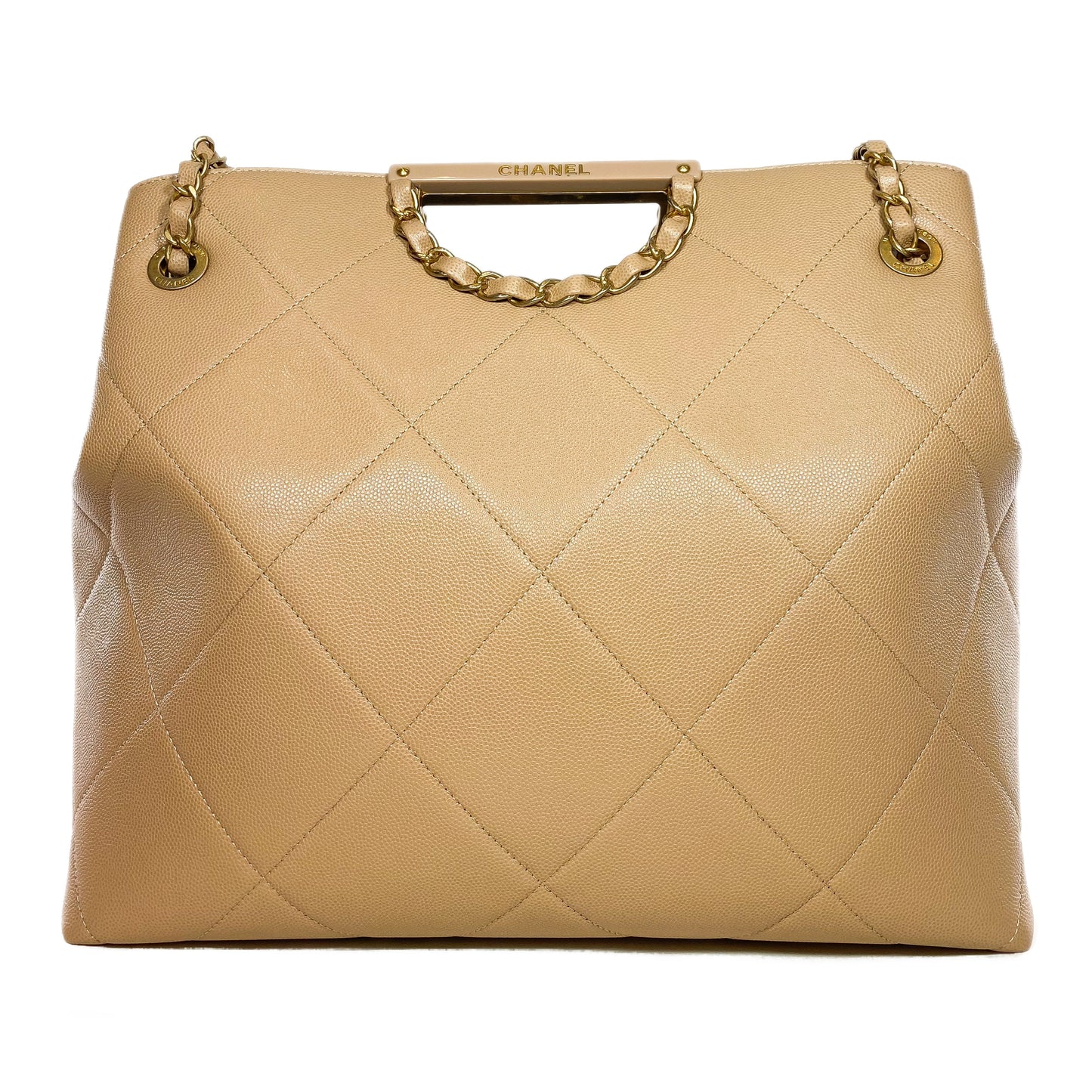 Chanel Beige Quilted Caviar Chain Frame Shopping Tote