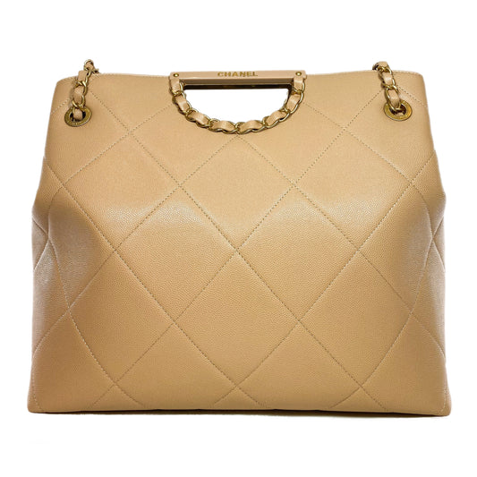 Chanel Beige Quilted Caviar Chain Frame Shopping Tote