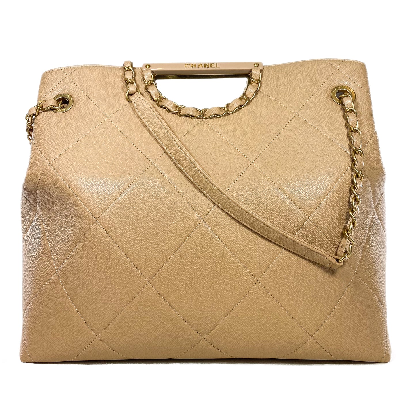 Chanel Beige Quilted Caviar Chain Frame Shopping Tote