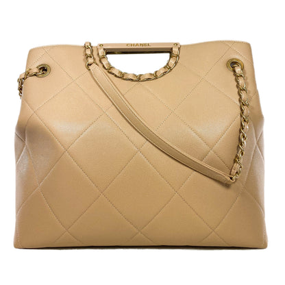Chanel Beige Quilted Caviar Chain Frame Shopping Tote
