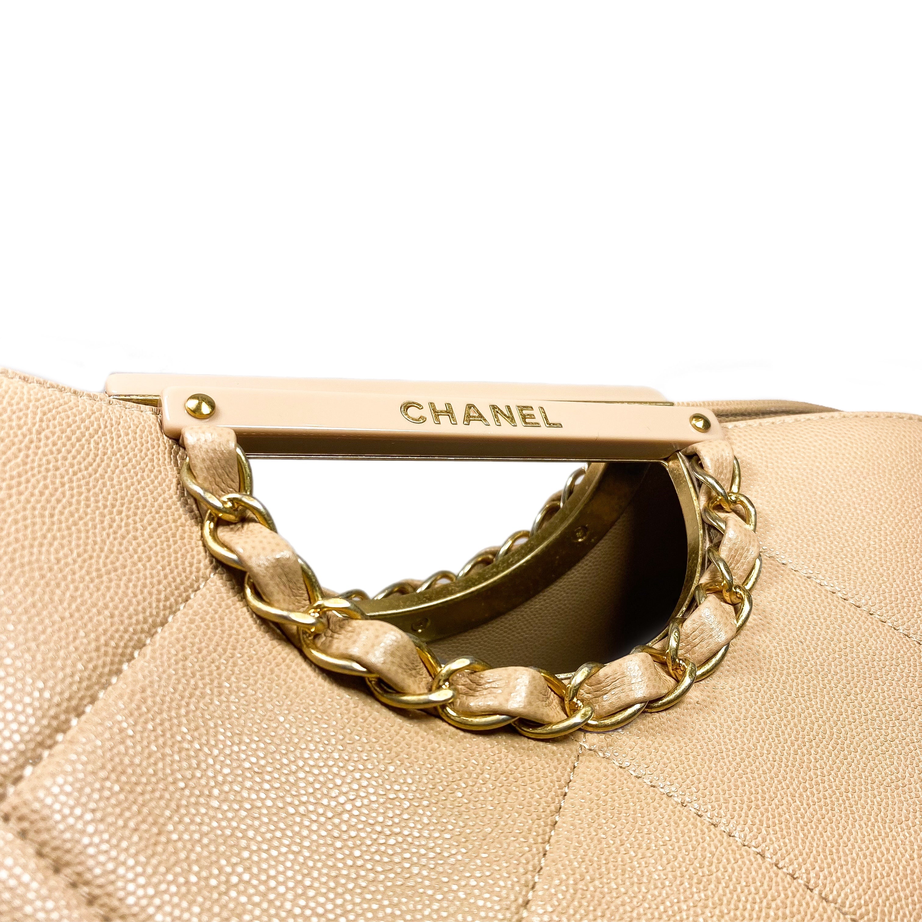 Chanel Beige Quilted Caviar Chain Frame Shopping Tote