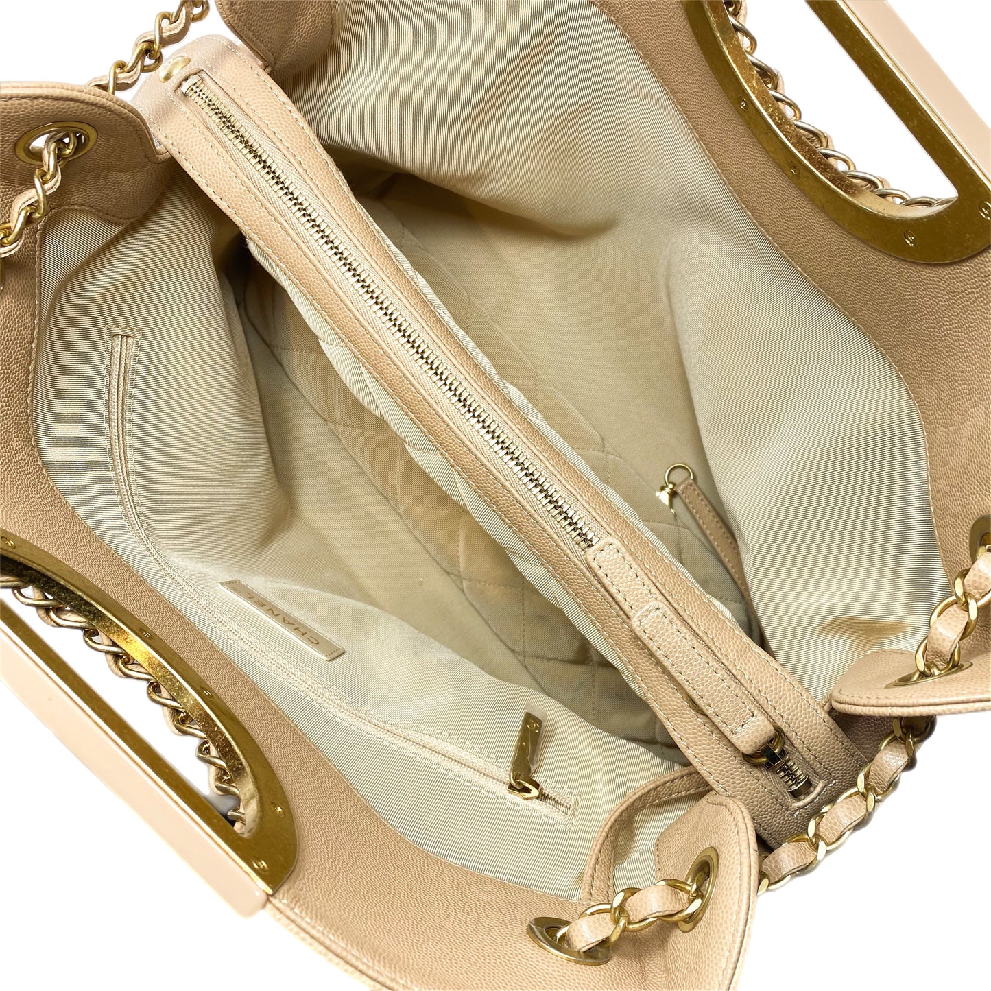 Chanel Beige Quilted Caviar Chain Frame Shopping Tote