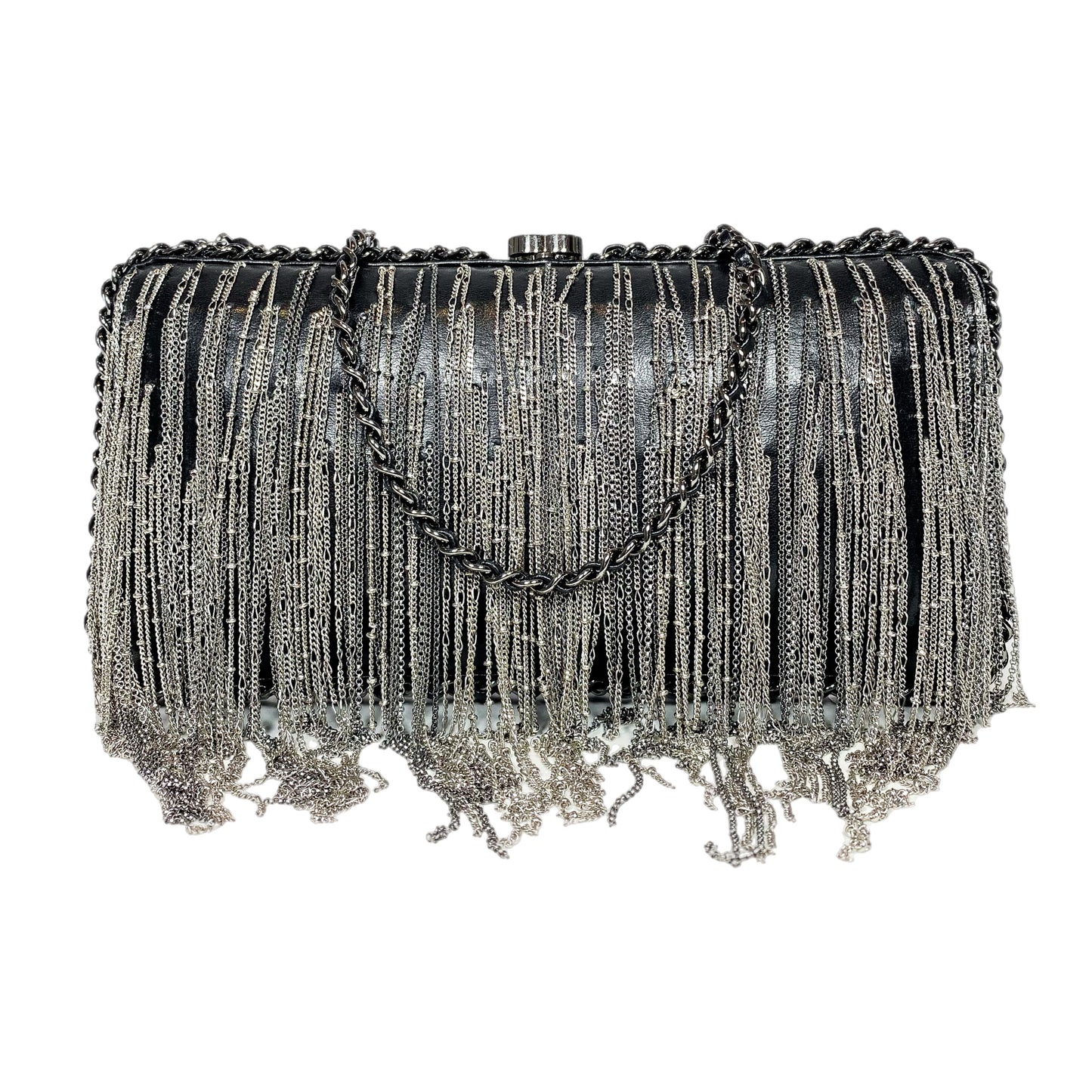 Chanel Black Silver Fringe Clutch