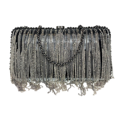 Chanel Black Silver Fringe Clutch
