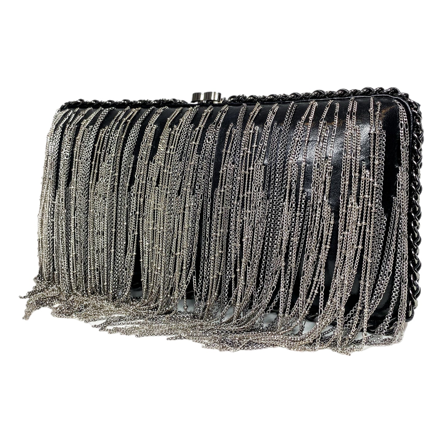 Chanel Black Silver Fringe Clutch