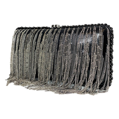 Chanel Black Silver Fringe Clutch