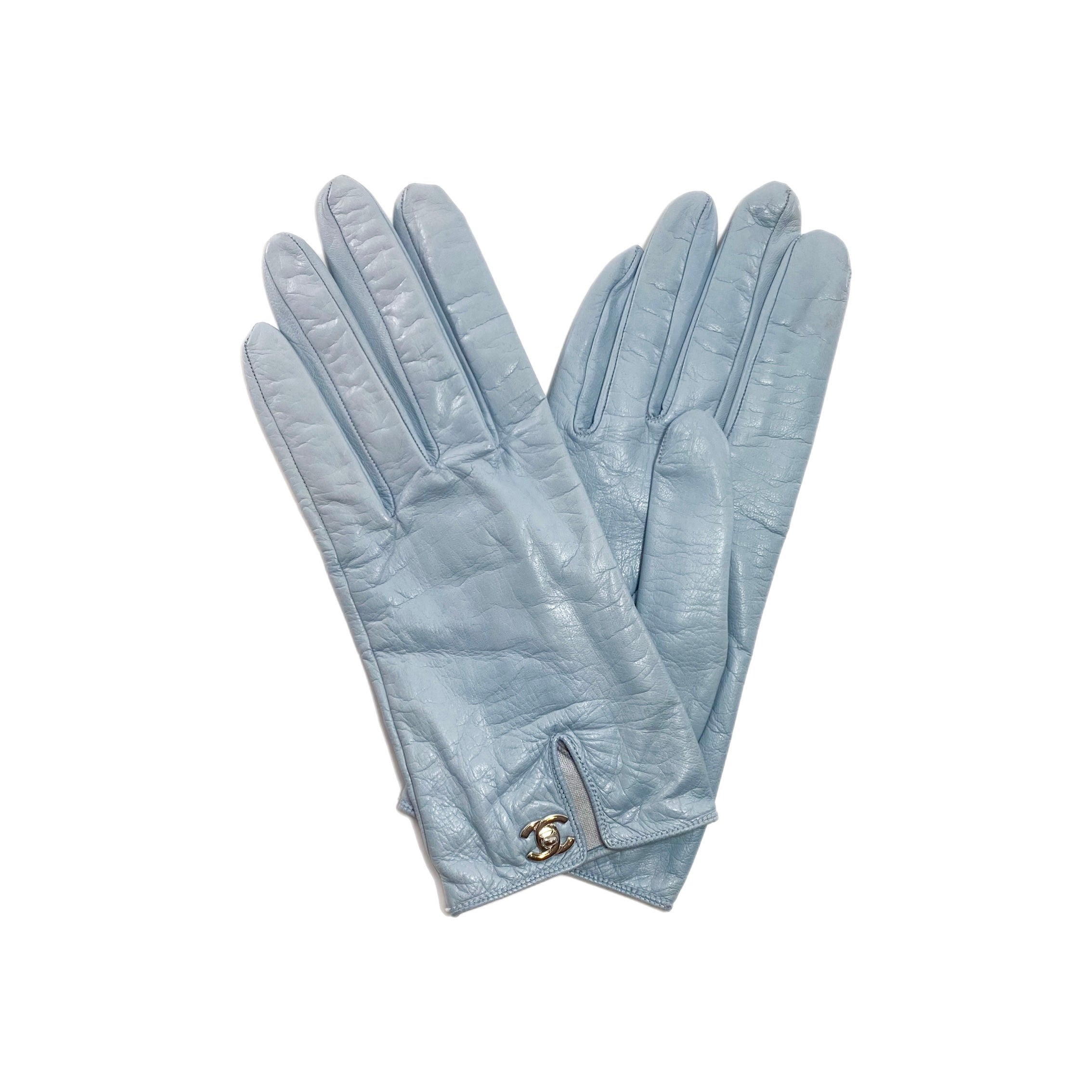 Chanel Light Blue Turn Lock Leather Gloves