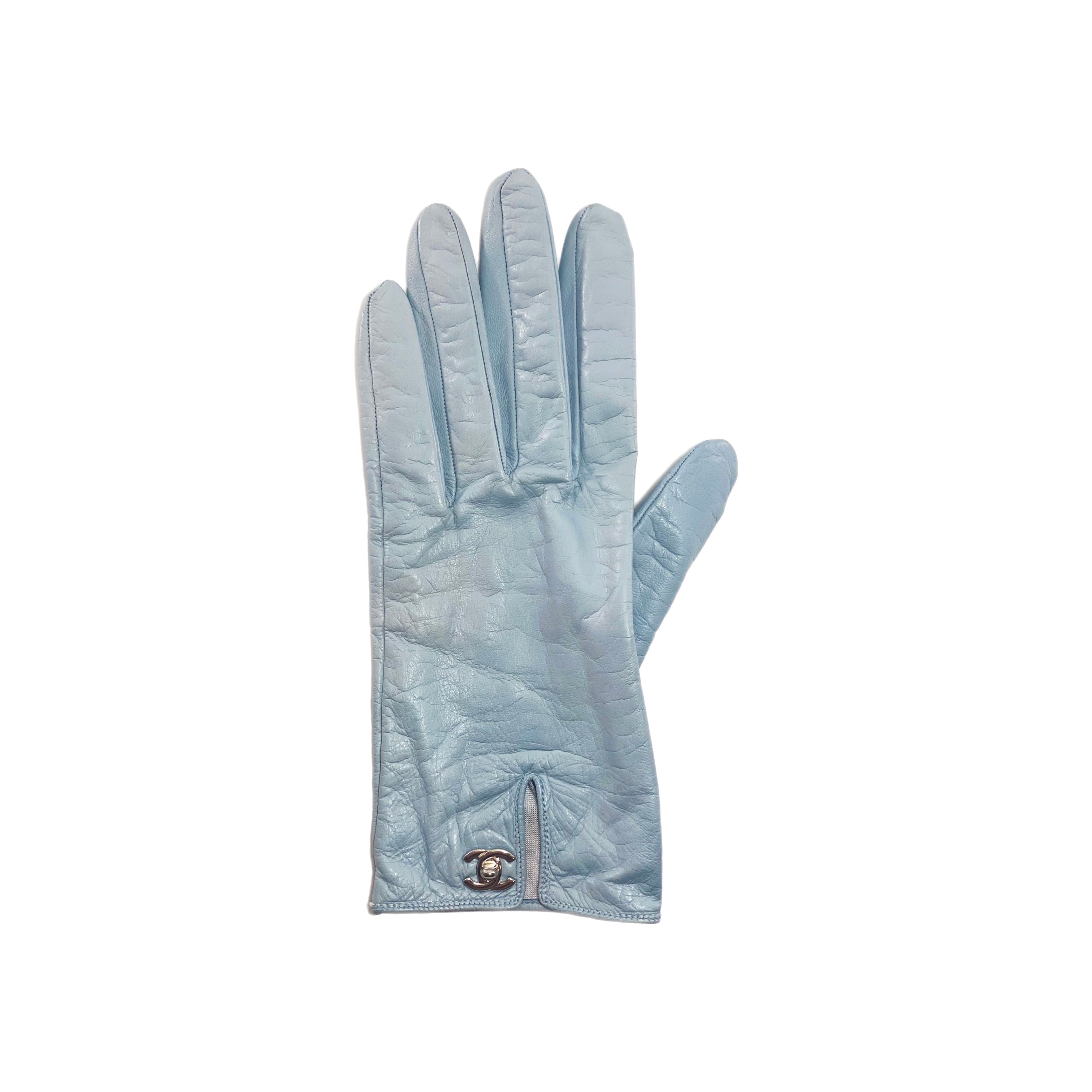 Chanel Light Blue Turn Lock Leather Gloves