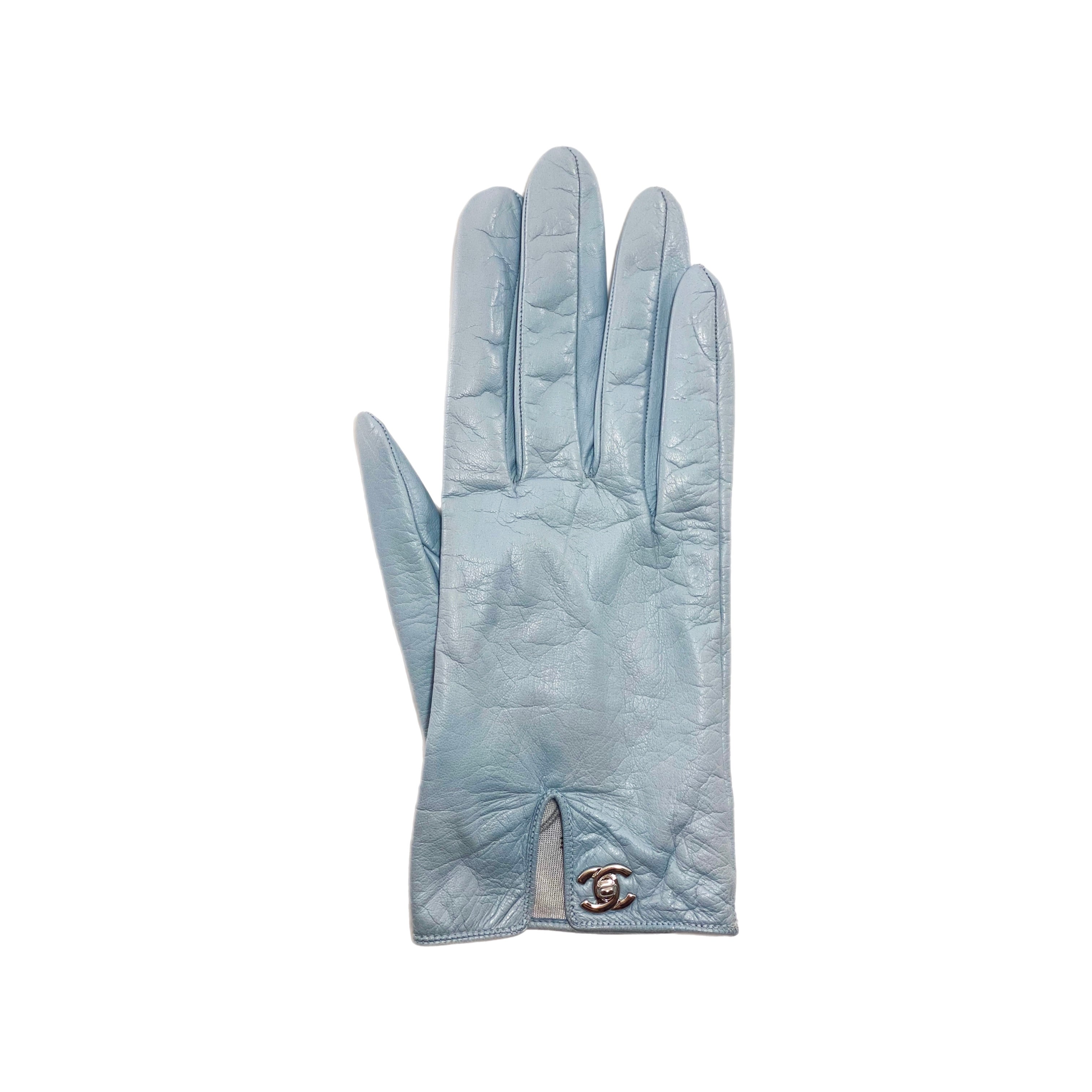 Chanel Light Blue Turn Lock Leather Gloves