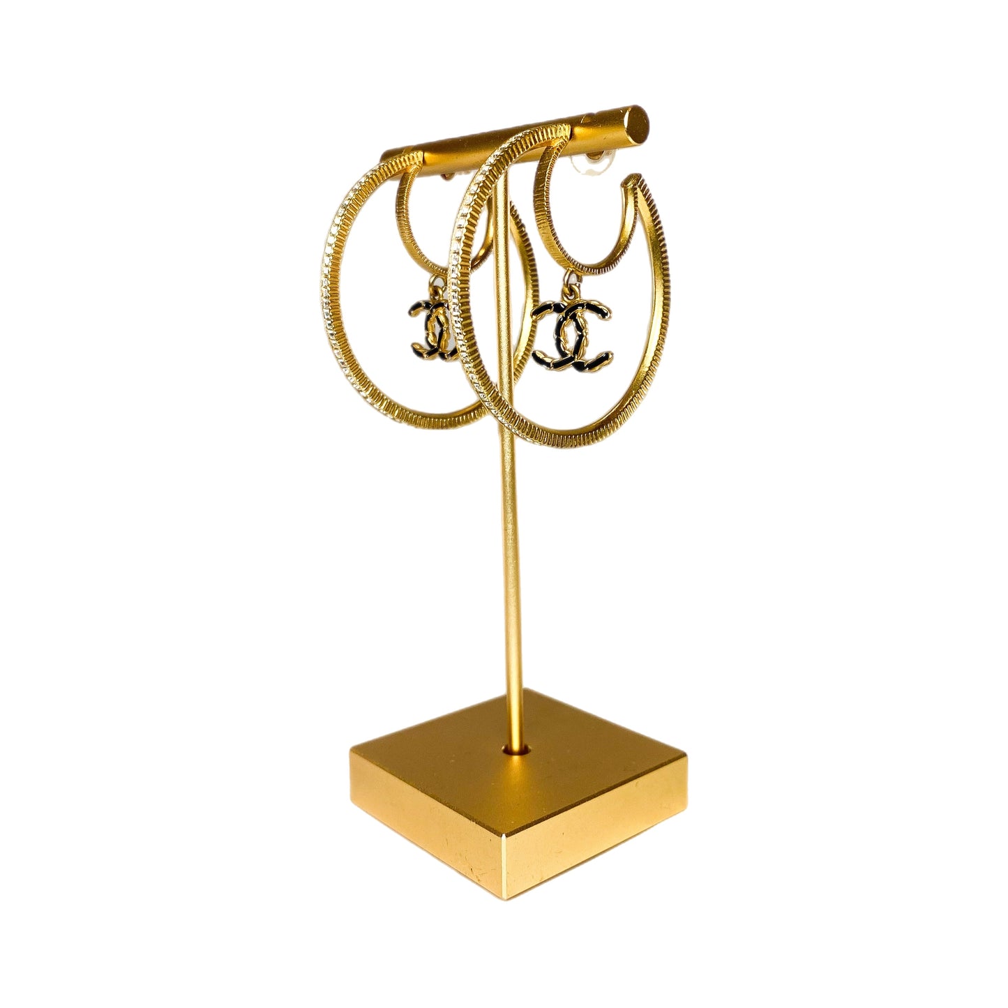 Chanel Gold Crystal CC Drop Moon Hoop Earrings