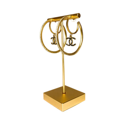 Chanel Gold Crystal CC Drop Moon Hoop Earrings