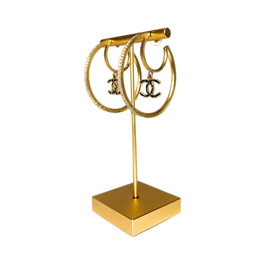 Chanel Gold Crystal CC Drop Moon Hoop Earrings