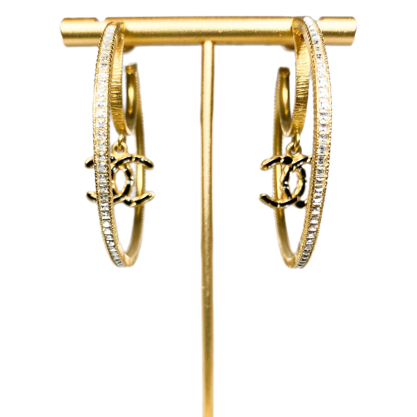 Chanel Gold Crystal CC Drop Moon Hoop Earrings
