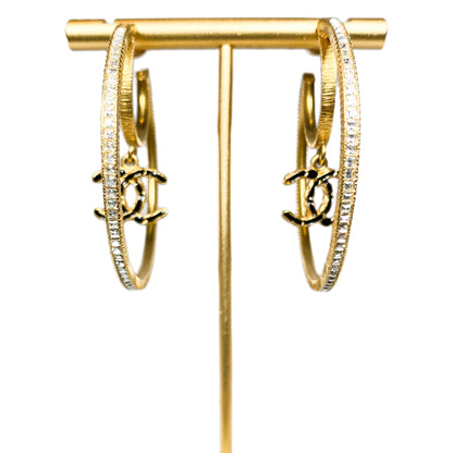 Chanel Gold Crystal CC Drop Moon Hoop Earrings