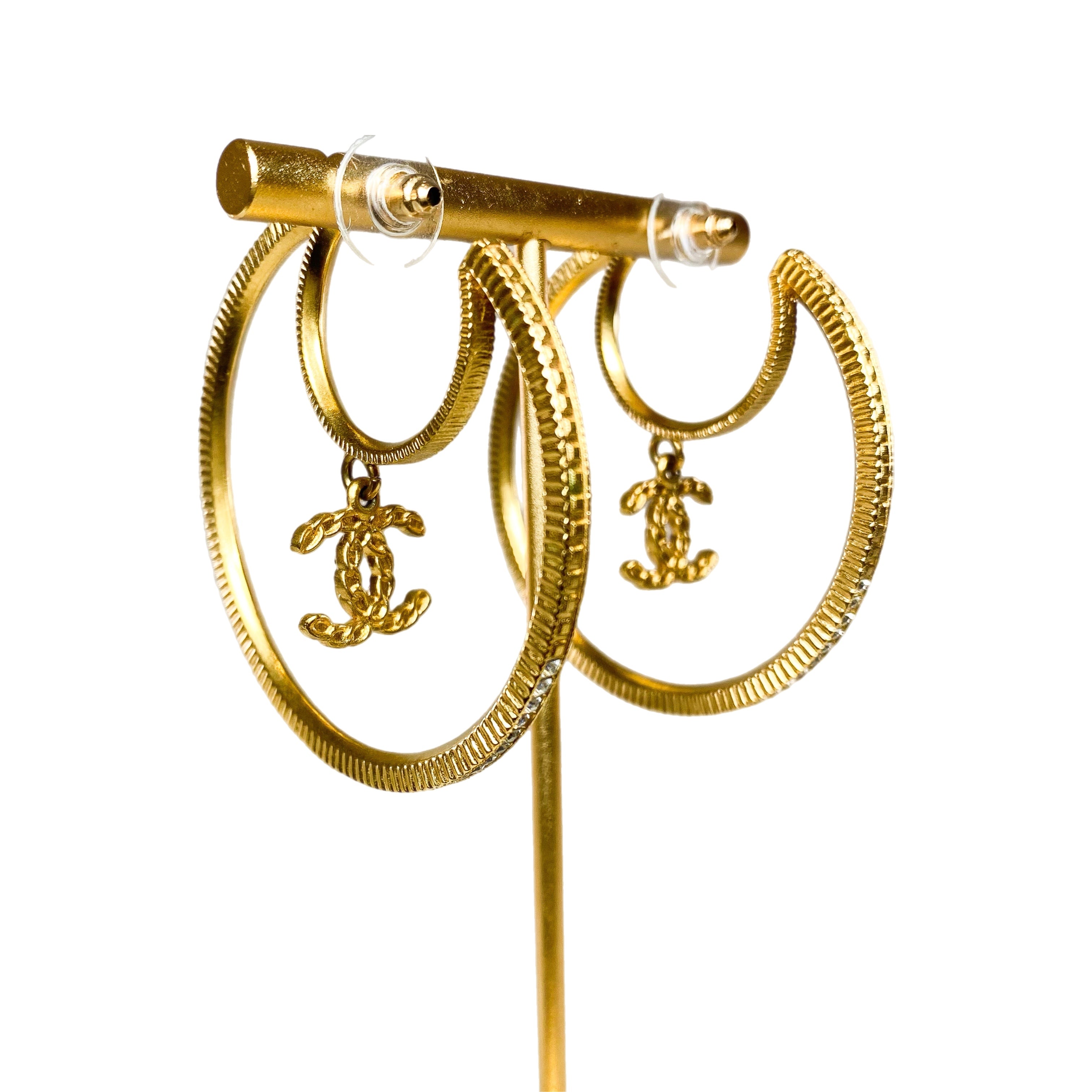 Chanel Gold Crystal CC Drop Moon Hoop Earrings Consign of the