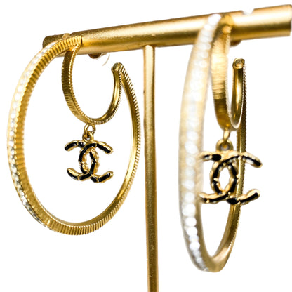 Chanel Gold Crystal CC Drop Moon Hoop Earrings