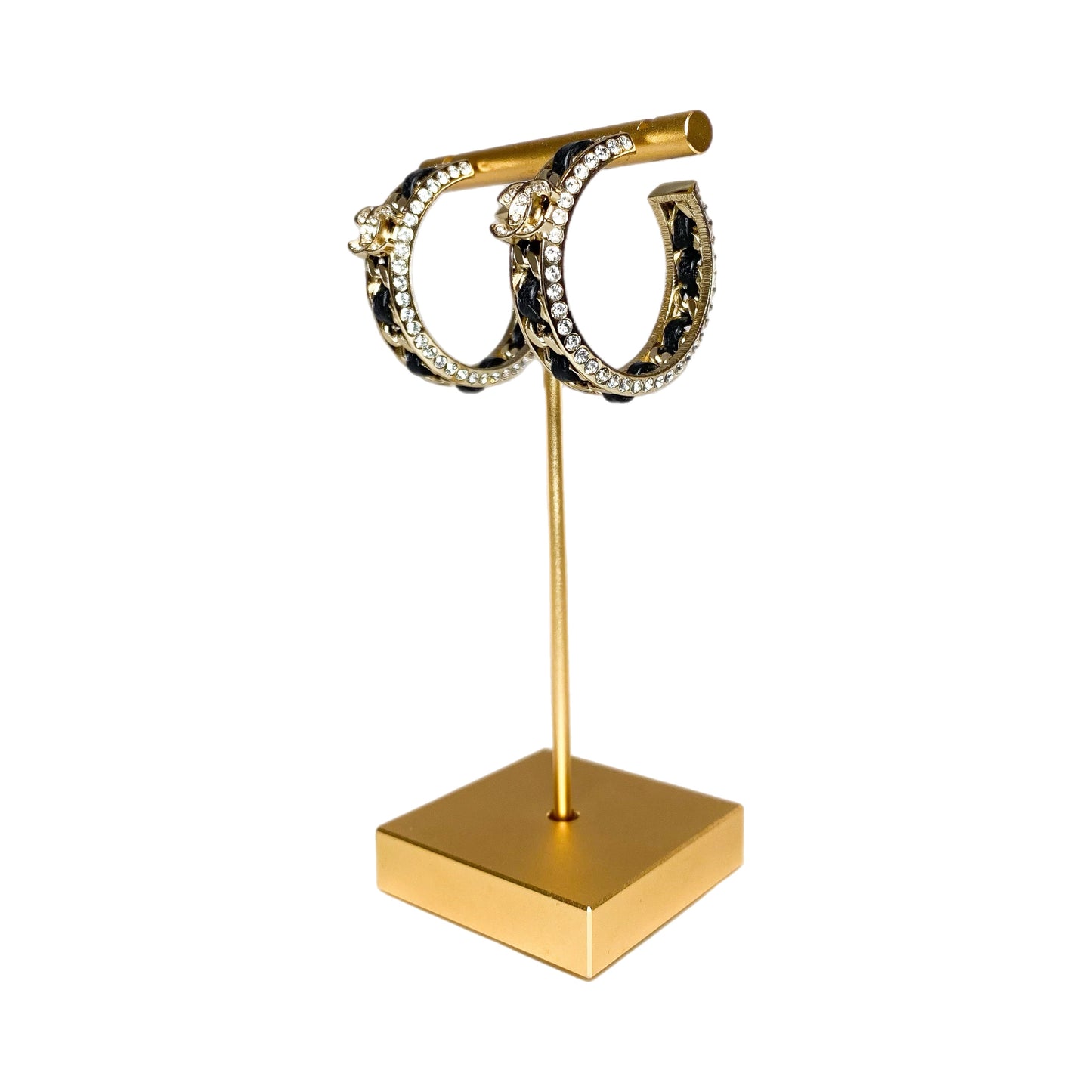 Chanel Gold Black Crystal CC Chain Hoop Earrings