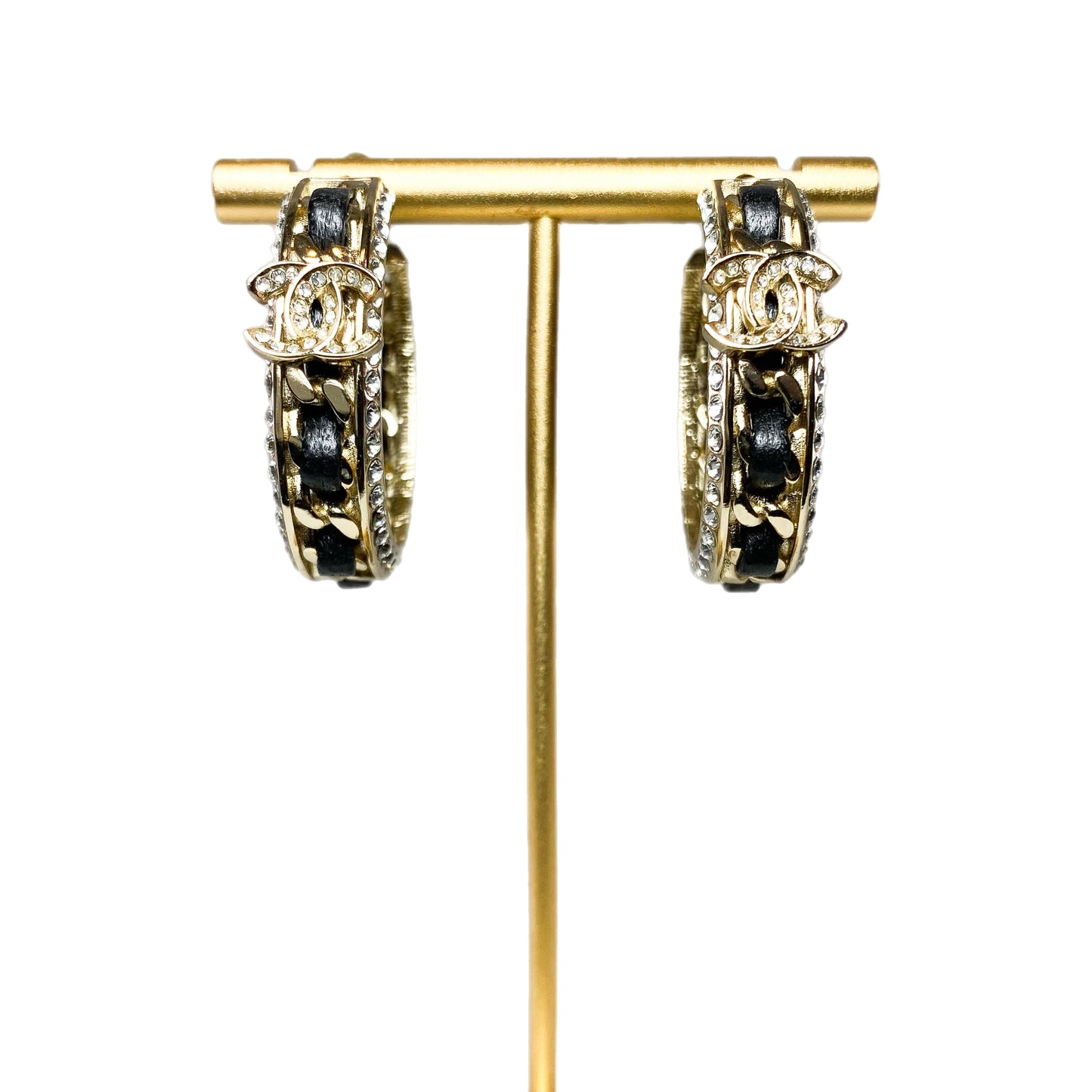 Chanel Gold Black Crystal CC Chain Hoop Earrings