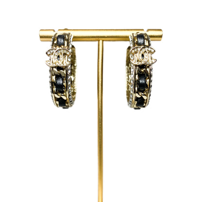 Chanel Gold Black Crystal CC Chain Hoop Earrings