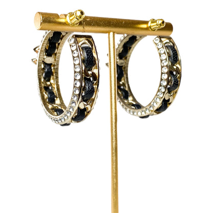 Chanel Gold Black Crystal CC Chain Hoop Earrings