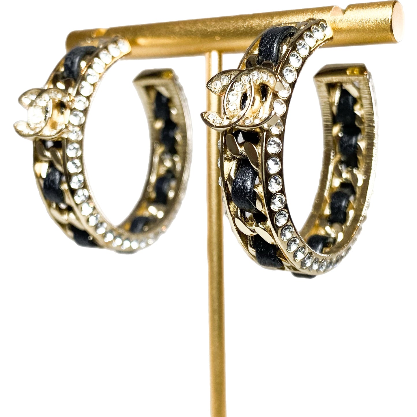Chanel Gold Black Crystal CC Chain Hoop Earrings
