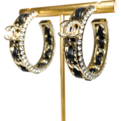 Chanel Gold Black Crystal CC Chain Hoop Earrings