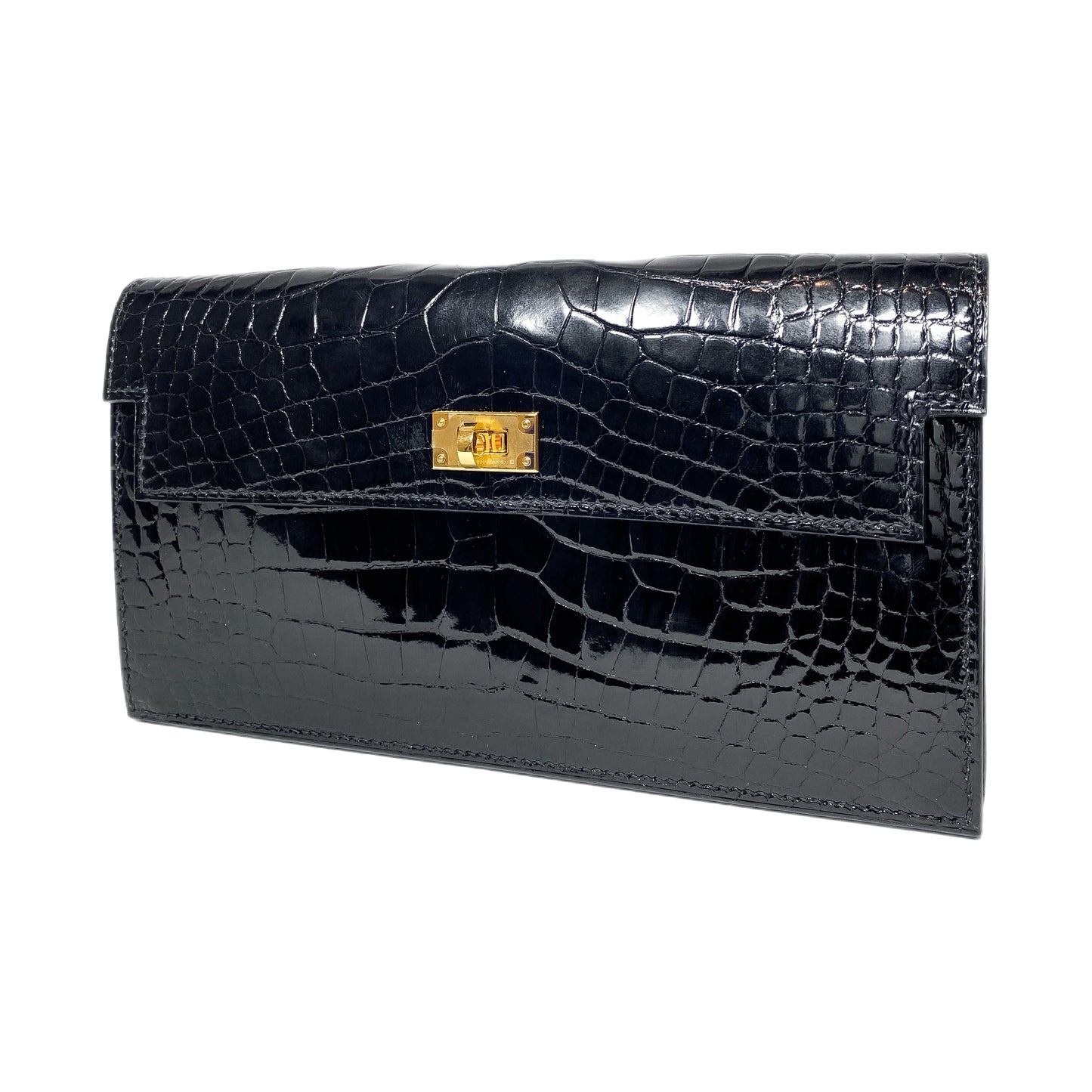 Hermes Kelly Pocket Long Wallet Black Mississippiensis Alligator Gold Hardware