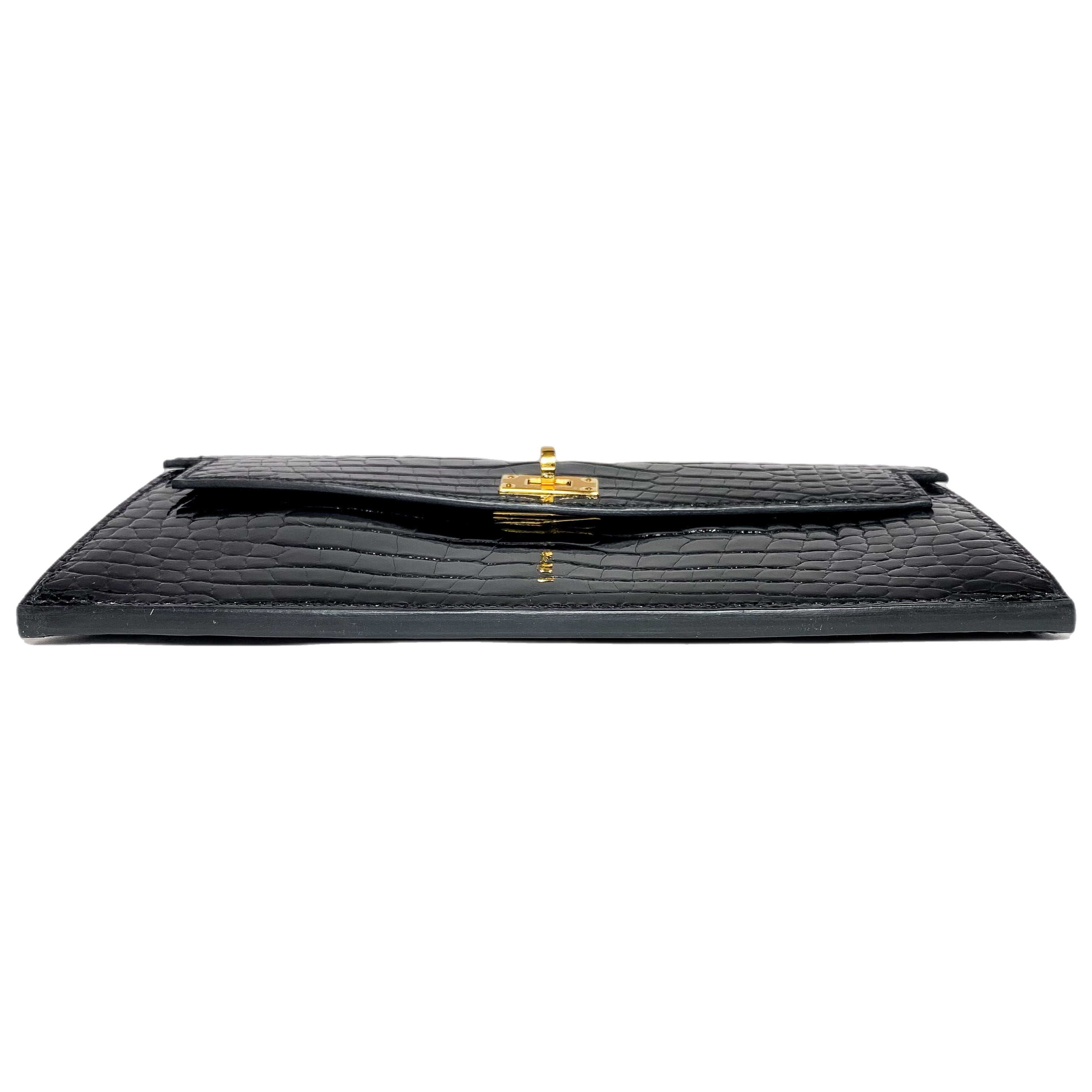 Hermes Kelly Pocket Long Wallet Black Mississippiensis Alligator Gold Hardware