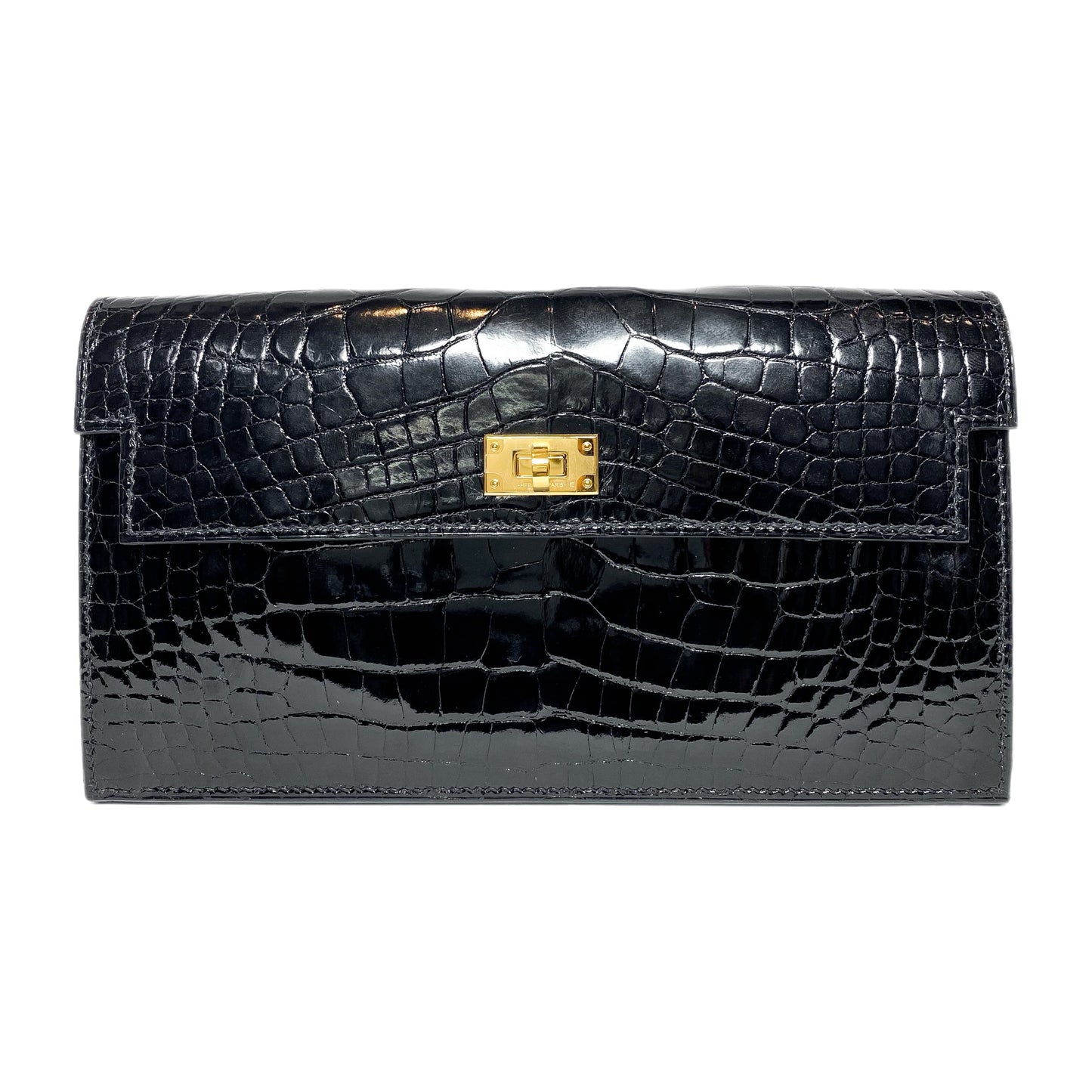 Hermes Kelly Pocket Long Wallet Black Mississippiensis Alligator Gold Hardware