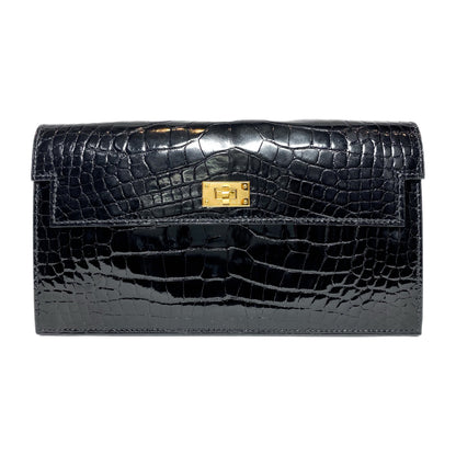 Hermes Kelly Pocket Long Wallet Black Mississippiensis Alligator Gold Hardware