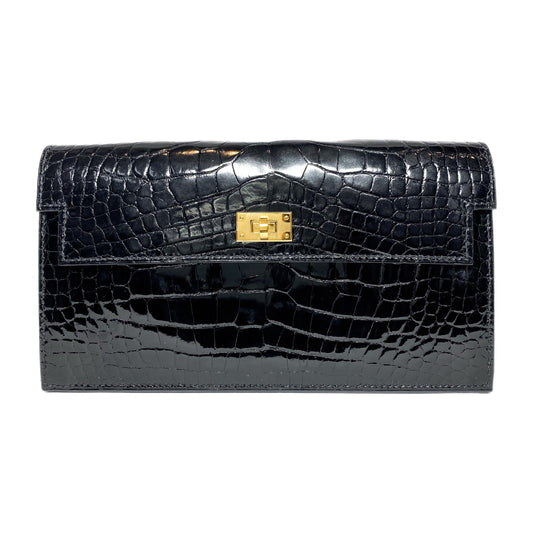 Hermes Kelly Pocket Long Wallet Black Mississippiensis Alligator Gold Hardware