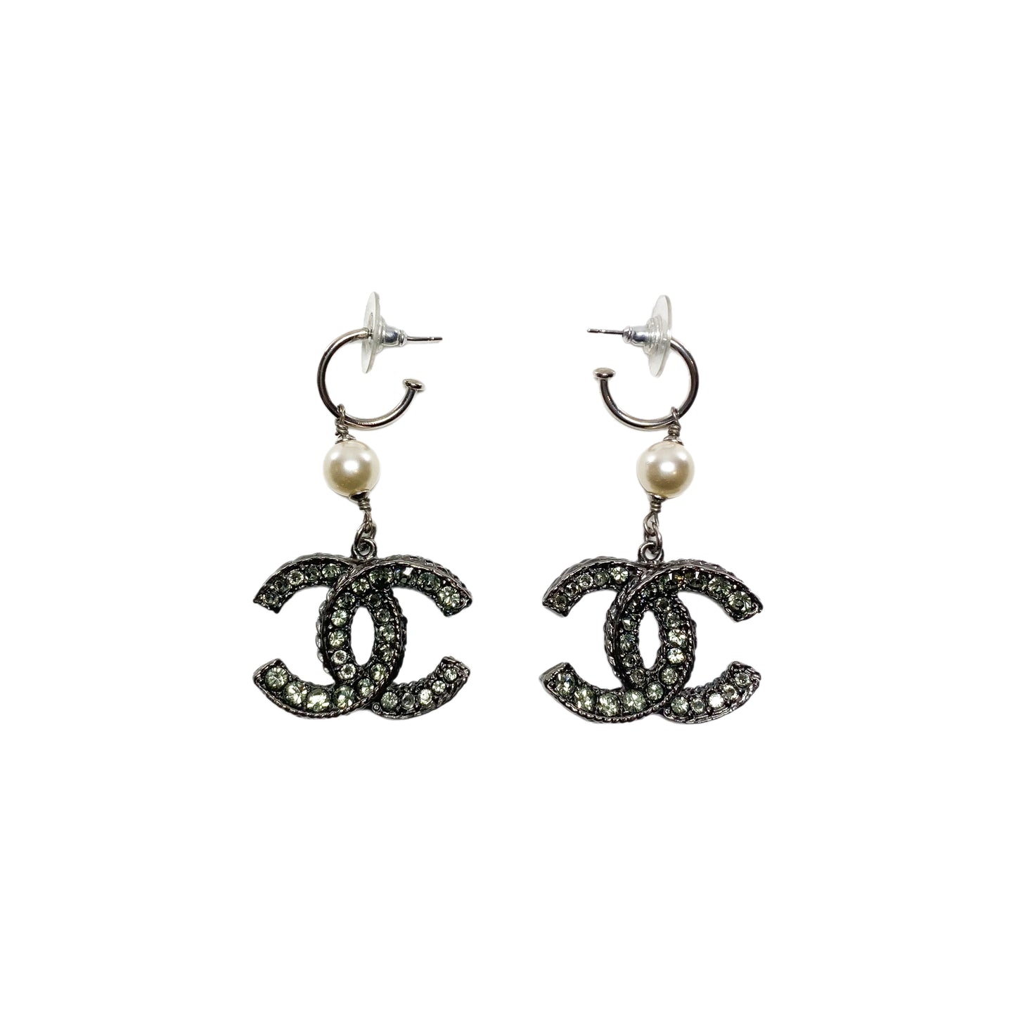 Chanel Gunmetal Crystal Pearl Earrings