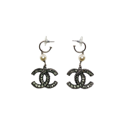 Chanel Gunmetal Crystal Pearl Earrings