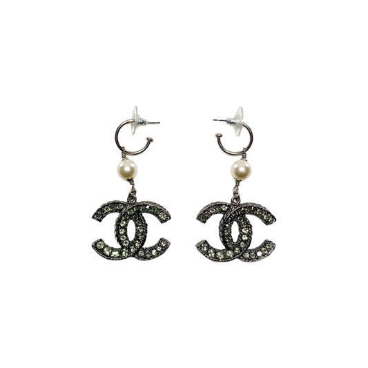 Chanel Gunmetal Crystal Pearl Earrings