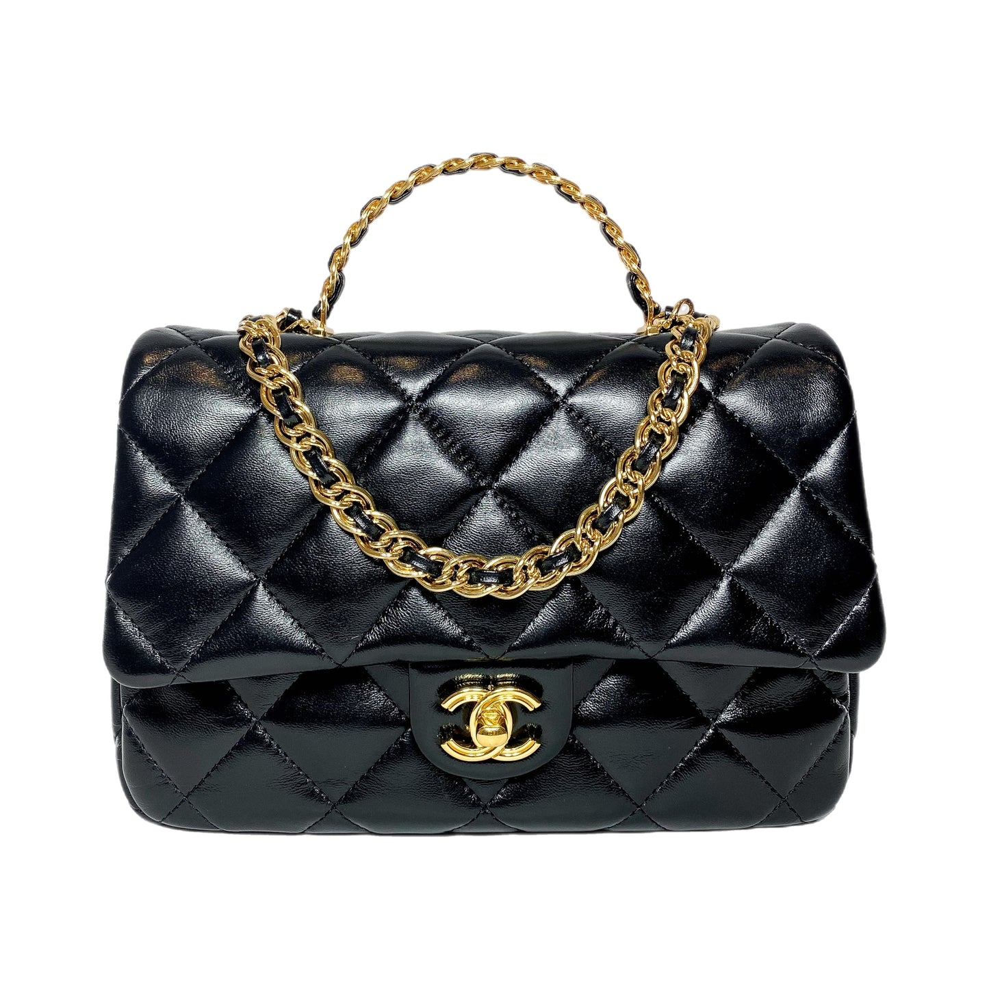 Chanel Black Shiny Quilted Golden Links Top Handle Flap Bag