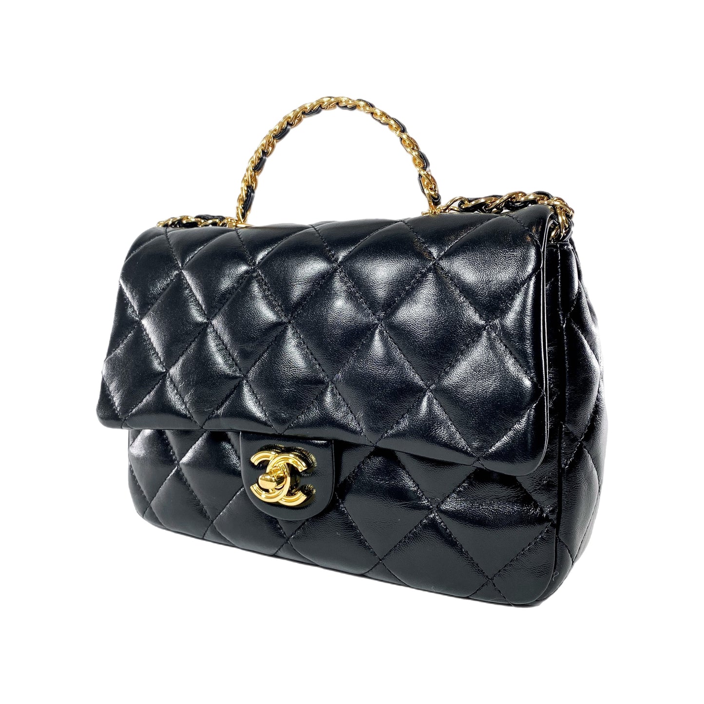 Chanel Black Shiny Quilted Golden Links Top Handle Flap Bag