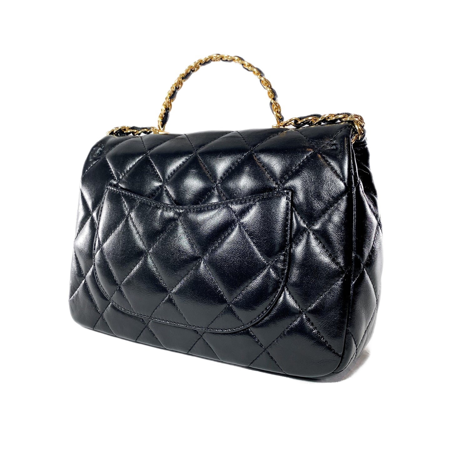 Chanel Black Shiny Quilted Golden Links Top Handle Flap Bag