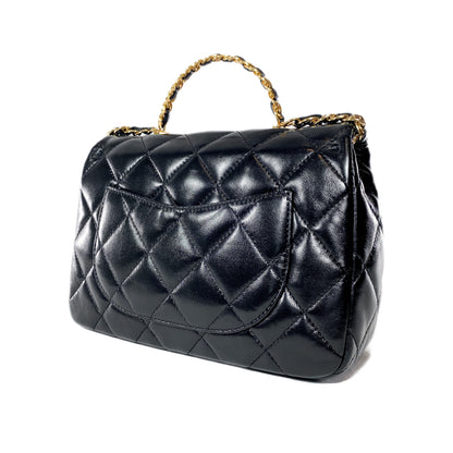 Chanel Black Shiny Quilted Golden Links Top Handle Flap Bag