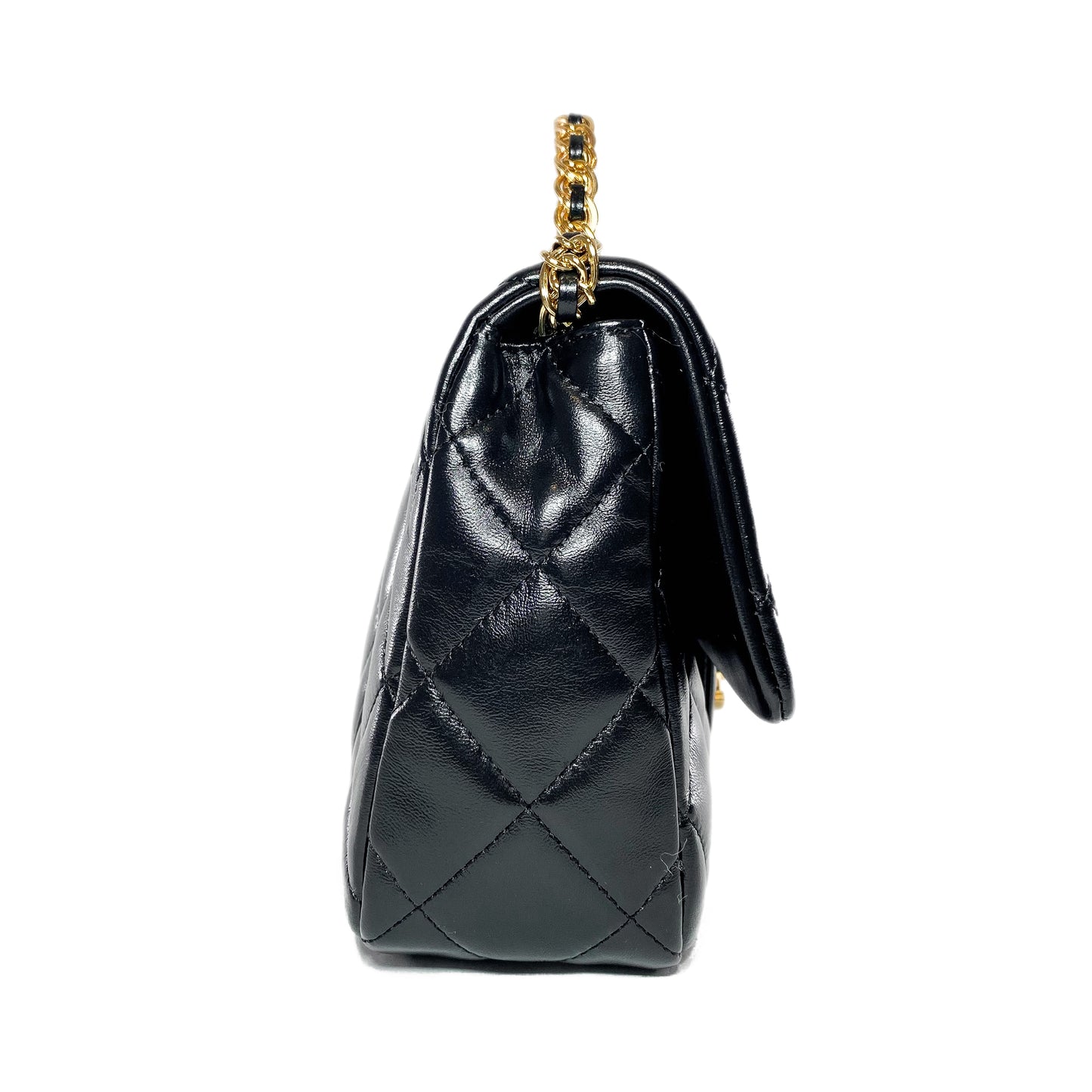 Chanel Black Shiny Quilted Golden Links Top Handle Flap Bag