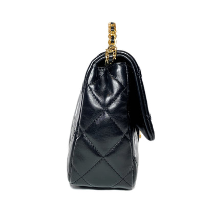 Chanel Black Shiny Quilted Golden Links Top Handle Flap Bag