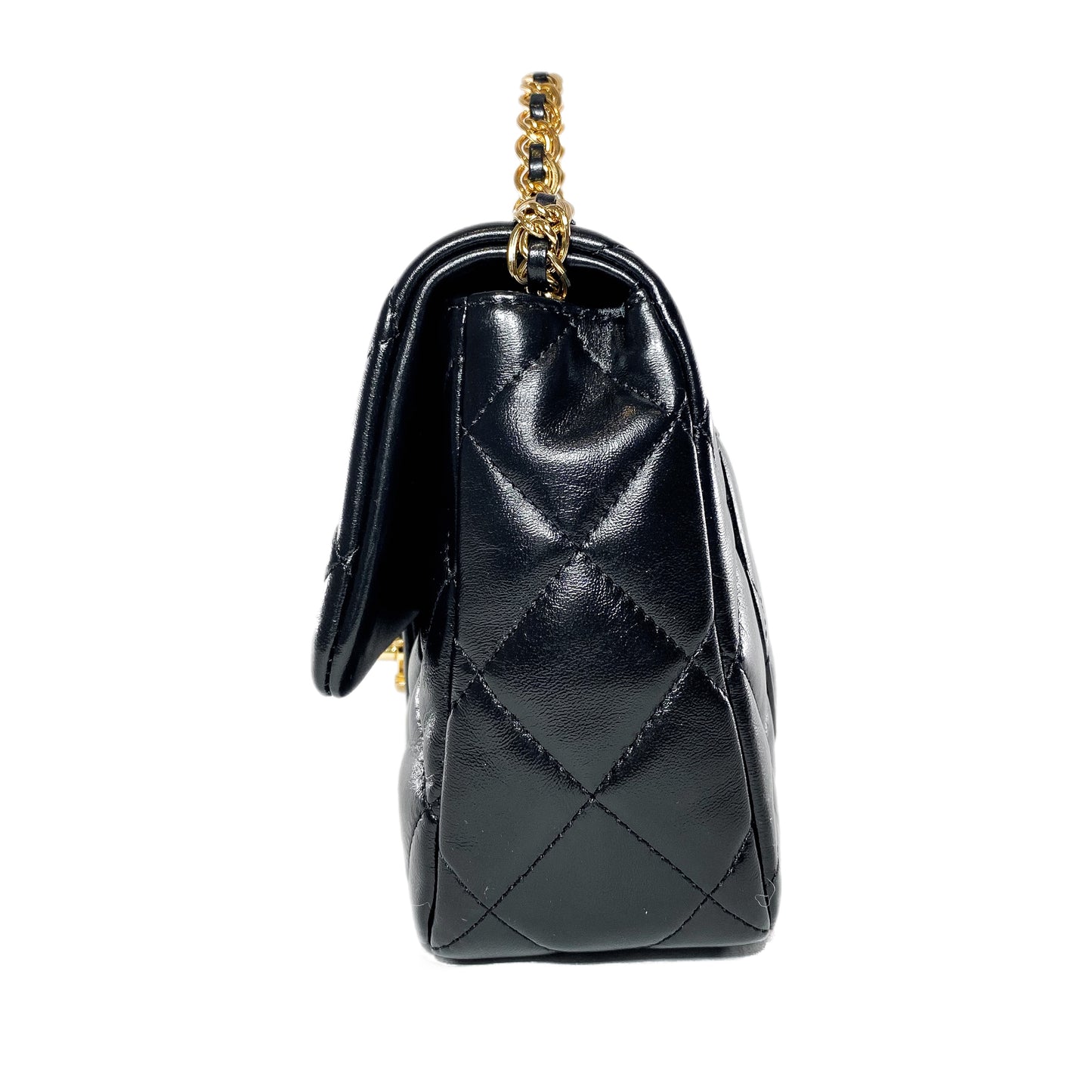 Chanel Black Shiny Quilted Golden Links Top Handle Flap Bag