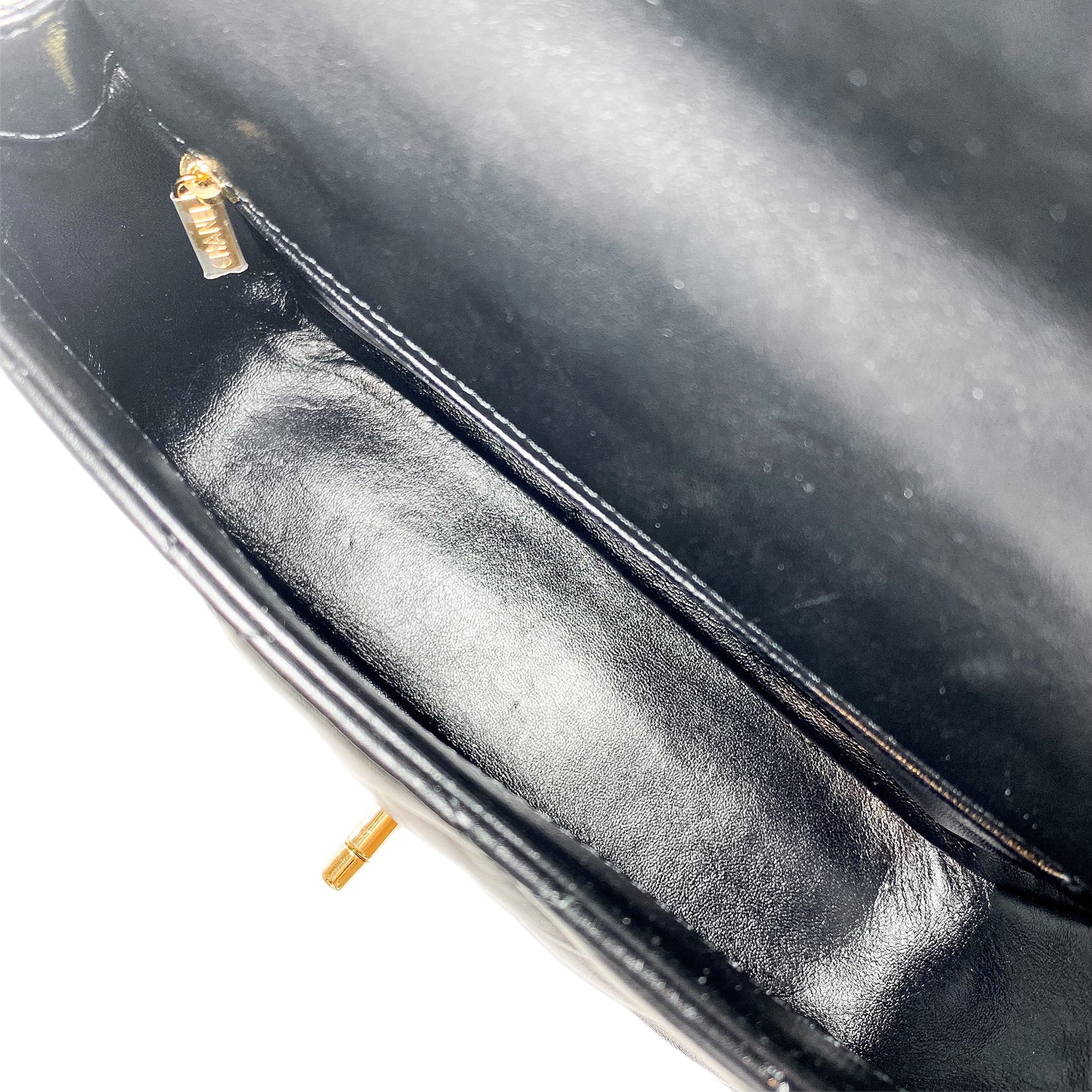 Chanel Black Shiny Quilted Golden Links Top Handle Flap Bag