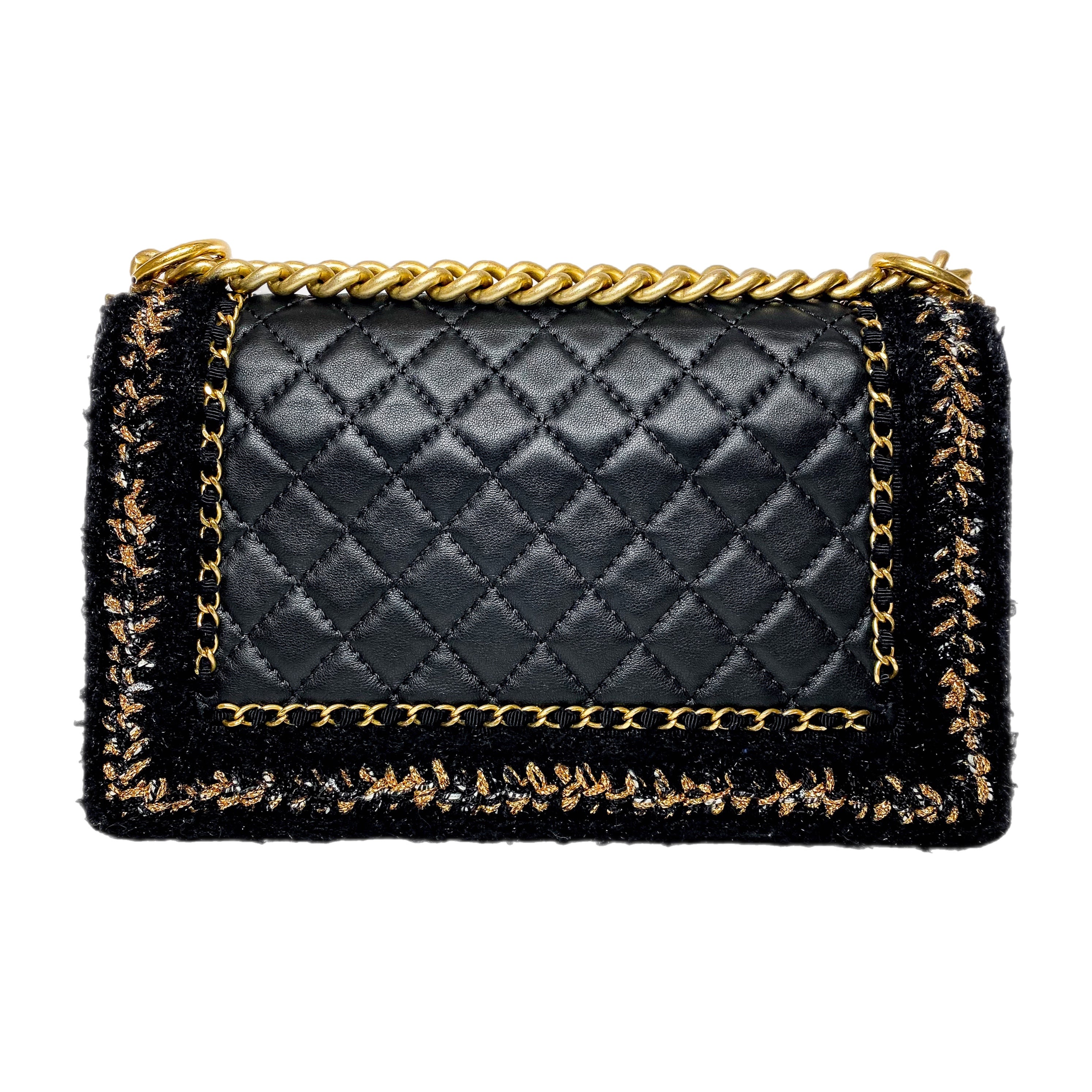 Chanel Black Tweed Lambskin Quilted Braided Jacket Boy Flap Bag Consign of the Times