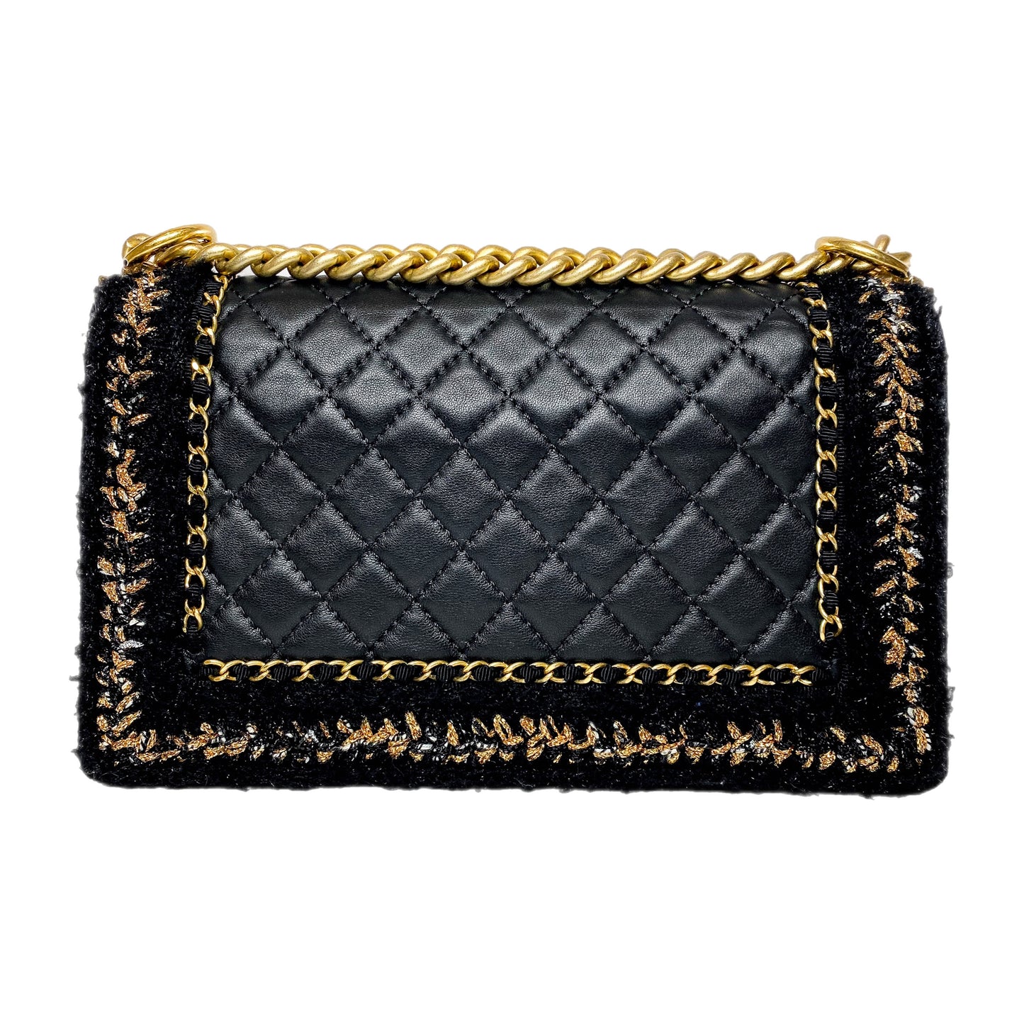 Chanel Black Tweed Lambskin Quilted Braided Jacket Boy Flap Bag