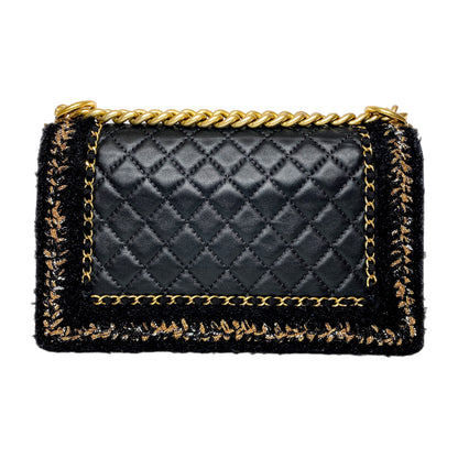 Chanel Black Tweed Lambskin Quilted Braided Jacket Boy Flap Bag