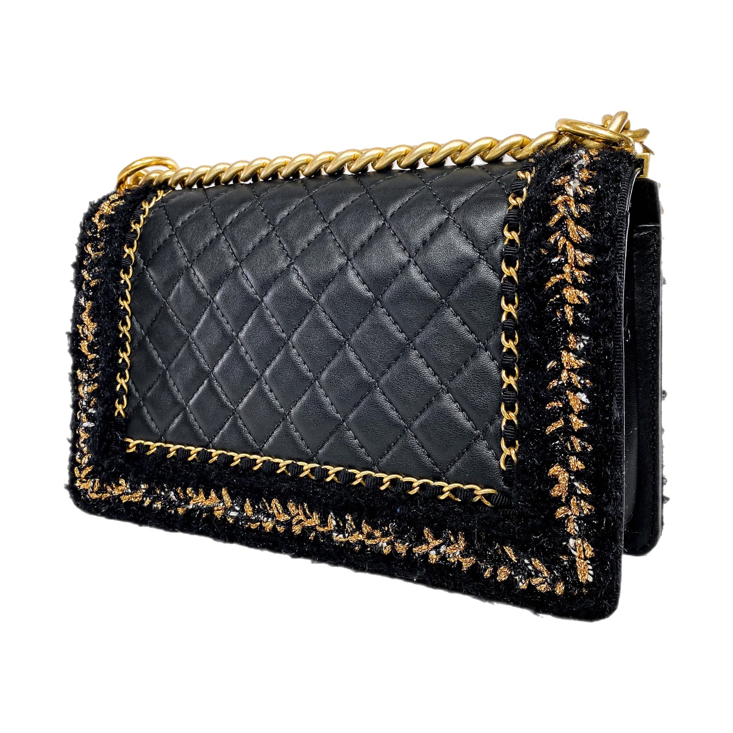 Chanel Black Tweed Lambskin Quilted Braided Jacket Boy Flap Bag