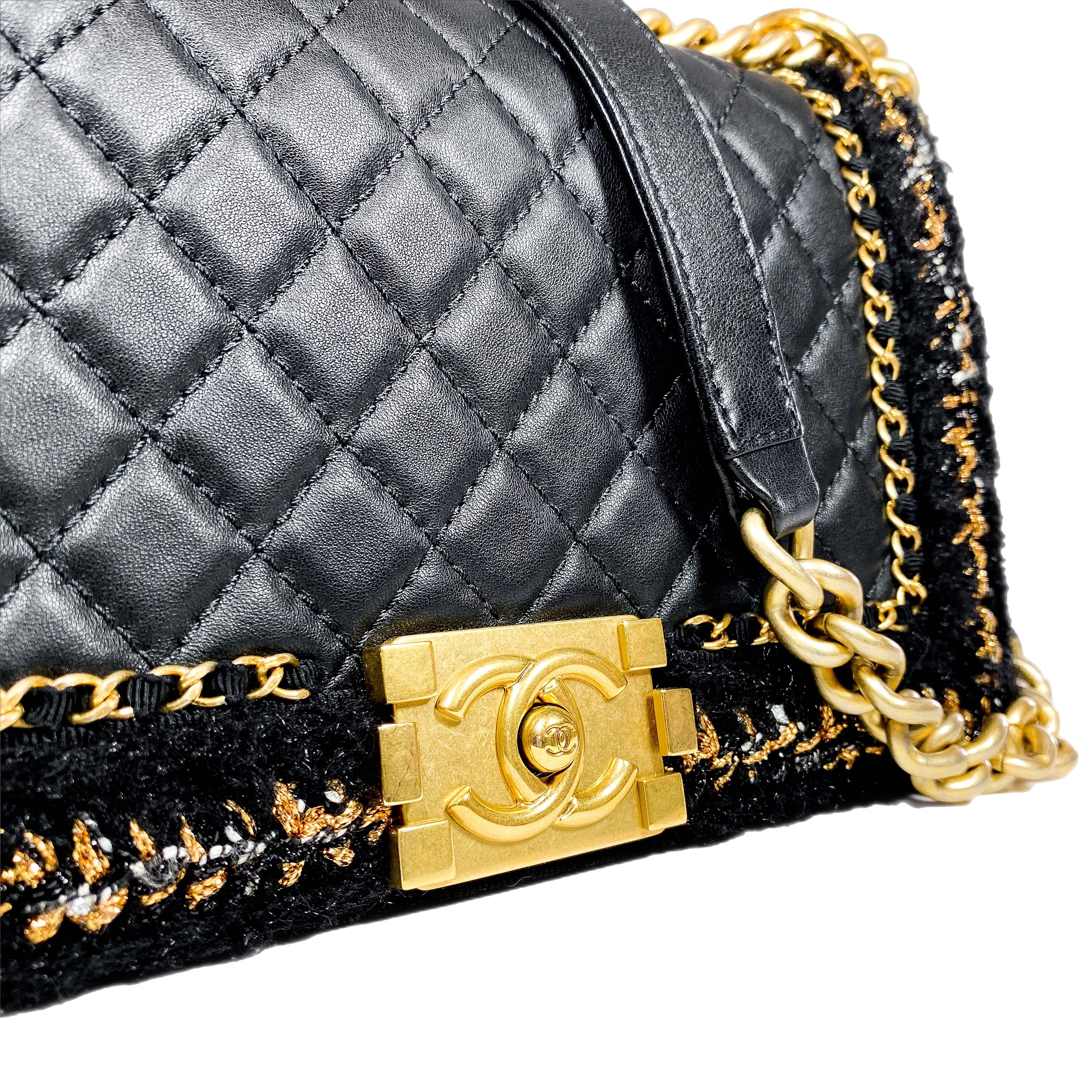 Chanel Black Tweed Lambskin Quilted Braided Jacket Boy Flap Bag